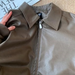 Vintage <strong>Brown</strong> Textured <strong>Leather</strong> Fashionable Formal Style Zipper Closure Breathable Cotton Polyester for Autumn <strong>Men</strong> s <strong>Jackets</strong> - Product Image 3