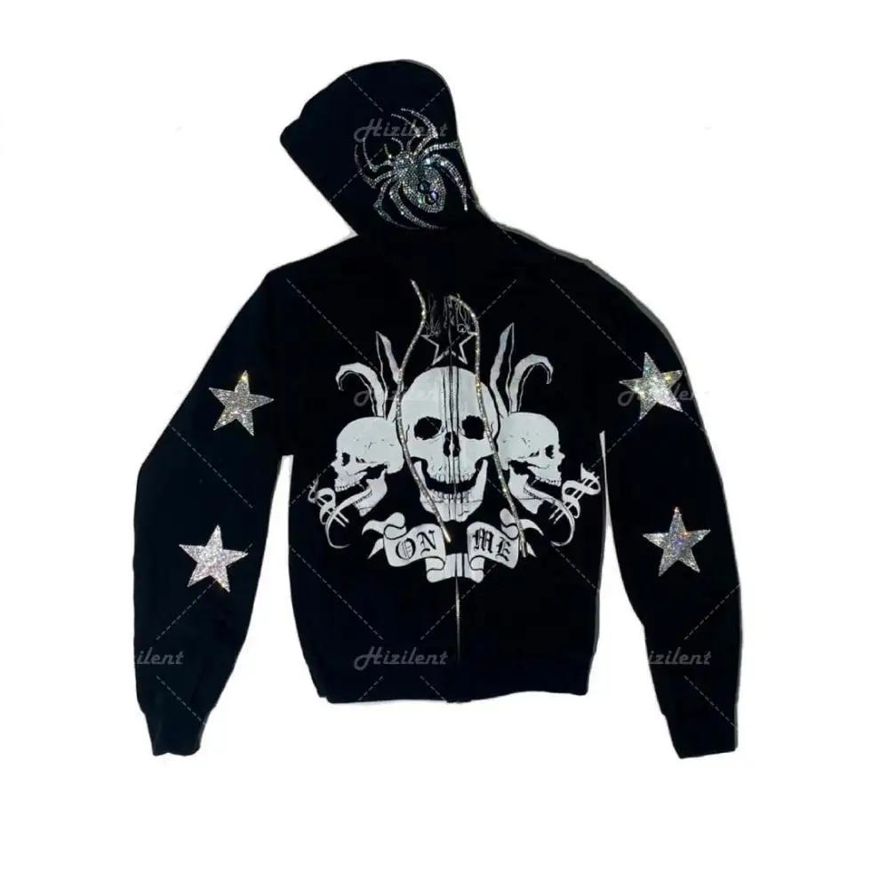 Xmas Women Rhinestone Spider Skull Print Streetwear Oversized Hoodies Vintage Jacket Coat Harajuku Goth Grunge Y2k Clothes Zip Hoodie