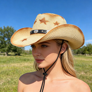 <span class=keywords><strong>Sombrero</strong></span> de Paja Estilo <span class=keywords><strong>Vaquero</strong></span> Occidental Tejido a Mano con Logotipo Impreso, Ala Ancha, para <span class=keywords><strong>Mujer</strong></span> y Hombre, Ideal para Playa y Viajes - Product Image 2