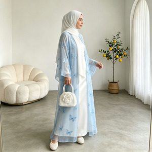 Sky Blue Butterfly Abaya <b>Set</b> For Women Sheer Organza Tulle Open Abaya With Dress Elegant <b>Modest</b> Muslim Outfit - Product Image 2