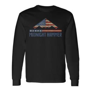 T-shirt à manches longues Midnight Hammer avec motif drapeau américain et avion de chasse furtif, col rond unisexe pour adulte, promotionnel - Product Image 1