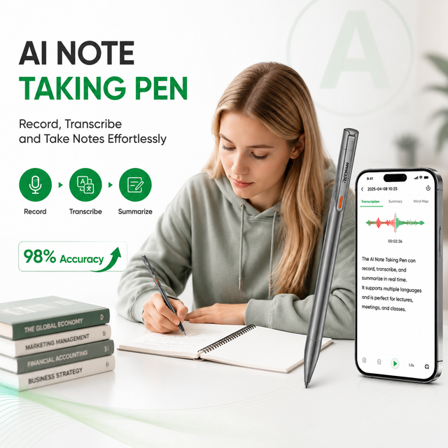 AI Note Taker Pen with Voice Recording Real-Time Transcription, Translation & Mind Map for Meetings, Lectures and Interviews