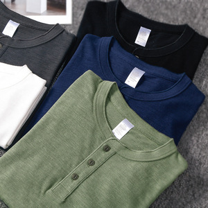 OEM Americana Style Heavyweight Slub Cotton Men's <strong>Short</strong> <strong>Sleeve</strong> TShirt Henley Collar Retro Loose Fit Soft <strong>Base</strong> <strong>Layer</strong> - Product Image 3