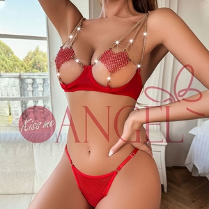 Set di reggiseno e mutandine da donna sexy KISS ME ANGEL OEM new a tre punti cavo con splicing cuore attaccato catena in metallo lingerie sexy - Product Image 4