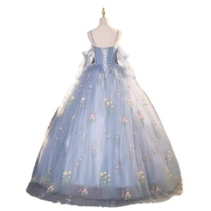 Gray Blue Ball Gown Sweetheart Neckline Floral Print Organza Empire Waist Evening Dress For Banquet Events - Product Image 5