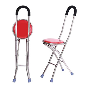 Donghan <b>Folding</b> Cane <b>Stool</b> Stainless Steel Red Seat Four Legged Walking Stick Chair Hiking Support - Product Image 1