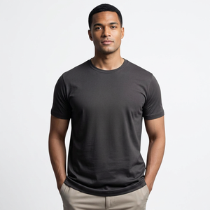 T-shirt à manches courtes pour homme, gris foncé, col rond, coupe classique, respirant, tricoté, couleur unie, 100% coton - Product Image 1