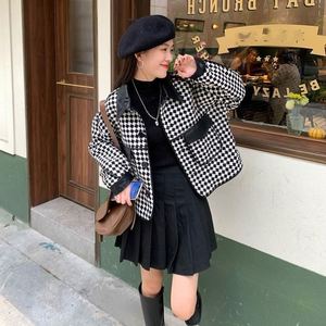 Wanita wanita musim semi dan musim gugur pakaian serbaguna jaket mantel kotak-kotak wol PU kerah kulit atasan anak perempuan pakaian jaket Tweed - Product Image 4