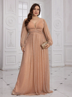 Robe de soirée élégante pour femmes grandes tailles, couleur champagne, col en V, manches longues lanternes, broderie brillante, coupe ajustée, style A-line