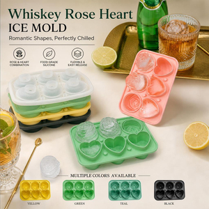 Moule à glaçons en silicone Rose & Cœur, 6 cavités, qualité alimentaire, sans BPA, démoulage facile, pour whisky et cocktails, réutilisable - Product Image 1