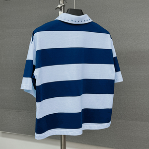เสื้อยืดโอเวอร์ไซส์ทรงบ็อกซี่ ตัดสั้น ผ้าคอตตอน 100% ลายทาง พิมพ์ลายสกรีน คุณภาพสูง งานถักอย่างดี ติดกระดุม สำหรับผู้ชาย - Product Image 2