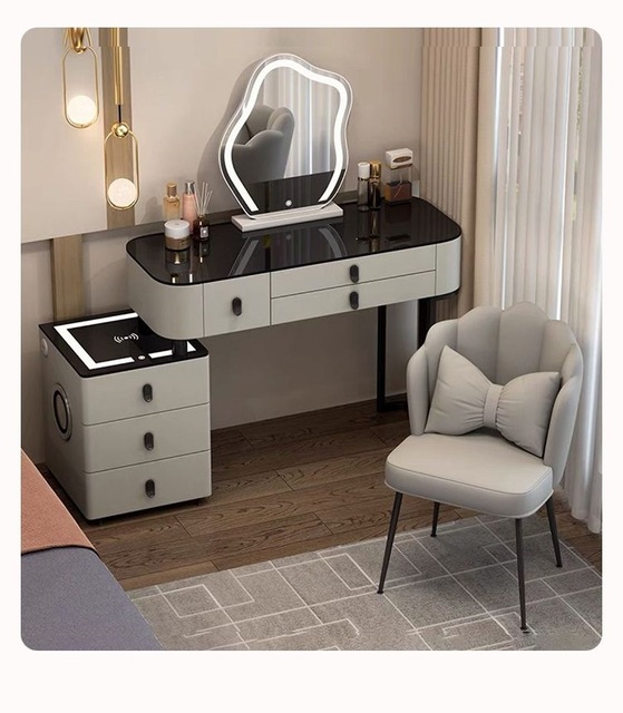 Solid Wood Dressing Table Modern Minimalist Design Bedroom Makeup Desk Built-in Storage Lighted Mirror Wireless Charging Unit