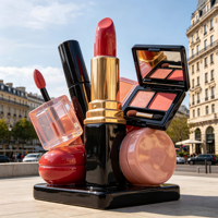 Sculpture géante holographique en résine de fibre de verre en forme de rouge à lèvres, brillant à lèvres et fard à paupières pour la décoration extérieure de places publiques et les événements pop-up beauté