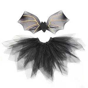 Halloween New Product Party Fairy Wings Children's Makeup Dress Black Fluffy Skirt Batwing Set 2pcs