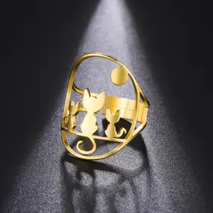 Tiga cincin kucing untuk wanita hewan lucu berongga pembukaan cincin baja nirkarat gadis Wanita Mode hadiah perhiasan grosir