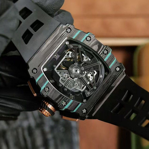 Montre mécanique squelettée en fibre de carbone turquoise pour homme, édition limitée en vert et noir (11-03) - Product Image 6