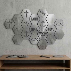 Arte Mural Metálico Cristiano Modular, Hexágonos de Acero Reciclado Cortados con Láser, con Versículos Bíblicos y Símbolos Religiosos para Decoración del Hogar - Product Image 6