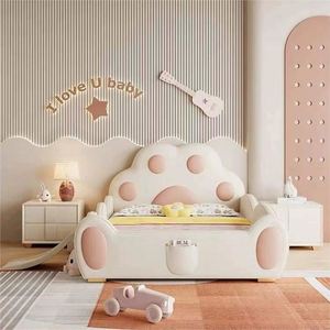 Girls Cute Cat Paw Princess Daybed <b>with</b> <b>Slide</b> Guardrail Cotton Upholstery Wooden Full Comfortable Modern Minimalist Bedroom Kids - Product Image 4