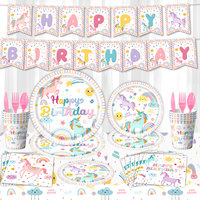 Lot de Vaisselle Jetable Licorne Arc-en-ciel pour Fête d'Anniversaire : Assiettes, Gobelets, Serviettes, Bannière et Décorations en Gros