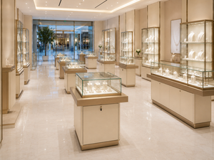Custom Jewelry Store Fixtures LED Glass <b>Display</b> <b>Cases</b> Champagne Gold Metal Furniture Turnkey Shop Interior Solution Manufacturer - Product Image 2