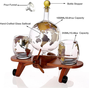 글로브 위스키 디켄터 세트 나무 비행기 스탠드 1000ML 무연 크리스탈 클래식 디자인 여행 위스키를위한 수제 독특한 선물 - Product Image 5