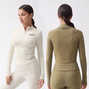 XW-9058新款长袖运动衫健身房瑜伽运动跑步夹克排骨顶部拉链贴合健身柔软尼龙女式夹克