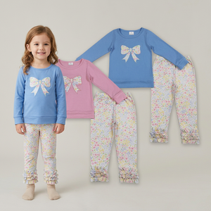 Conjuntos de Ropa para Niñas, Camisas de Manga Larga con Bordado de Lazo, Pantalones con Volantes Florales - Product Image 1