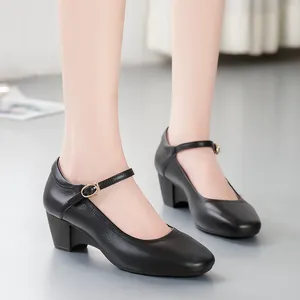 Giày công sở nữ da đen kiểu Lolita thanh lịch, gót trung, mũi vuông, họa tiết trơn, tăng chiều cao. - Product Image 4