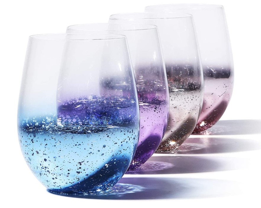 Stemless Wine Glasses Set of 4 Crystal Clear Colored Wine Glass Starry Sky Themed Premium Shiny Drinking Glassware Tumblers