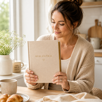 Coffret cadeau bien-être LABON pour maman, journal personnalisé en lin beige, couverture rigide, journal de gratitude pour la maternité, kit de soins personnels de luxe pour les nouvelles mamans
