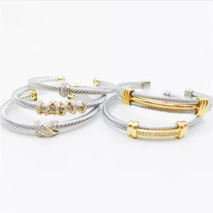 Offre Spéciale câble en cuivre 2 tons torsadé en acier inoxydable Bracelet manchette bijoux câble fil Bracelet pour bas prix