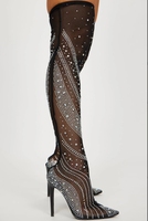 Ladies Black mesh with silver diamonds Boot Sexy Unique design Shinny rhinestone hollow boots Fashion Women Knee high boots