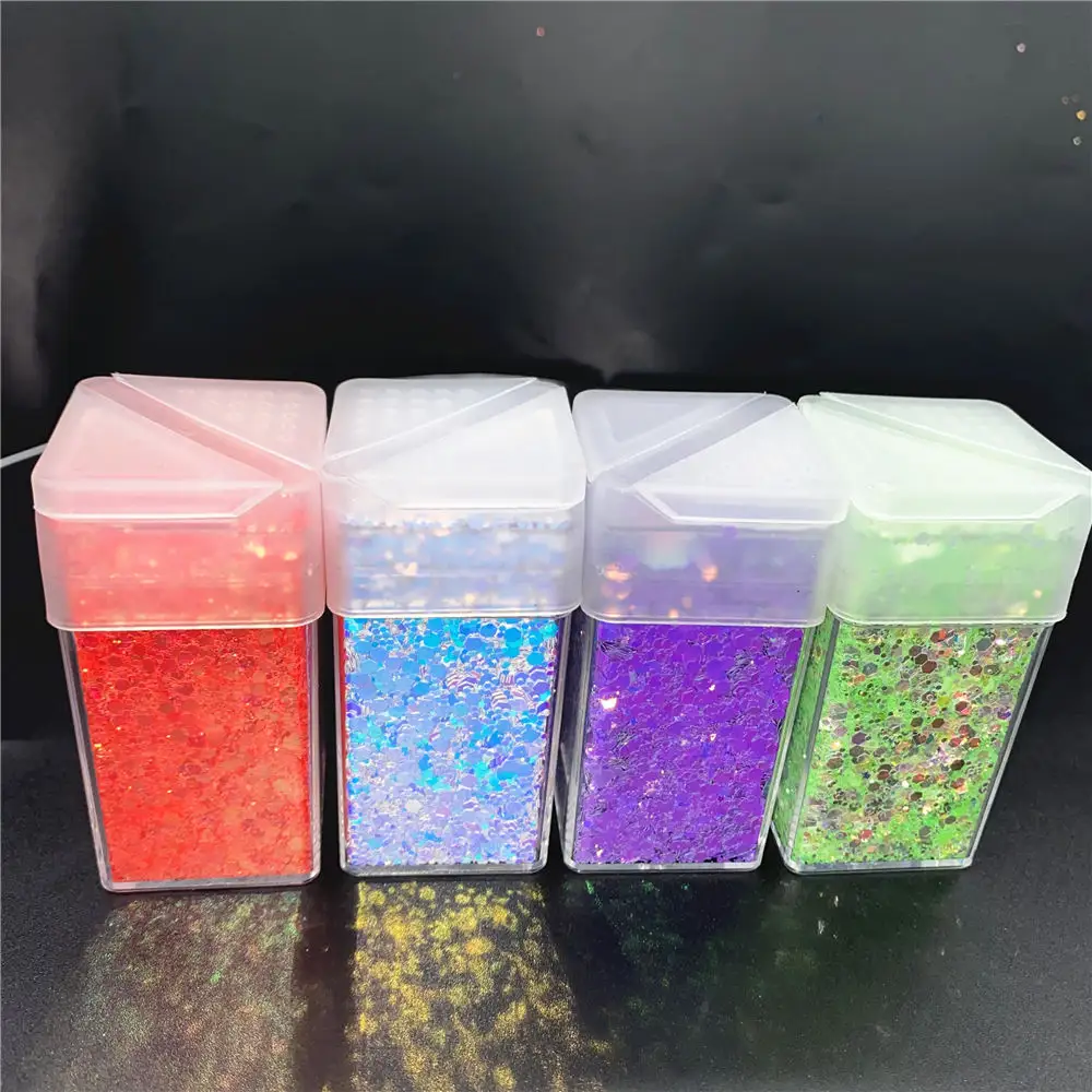 Bulk Polyester Glitter 4.5G 10G 2Oz 2.5Oz 4Oz Holografische Glitter In Glitter Vierkante Shaker Fles container Voor Nagels Craft