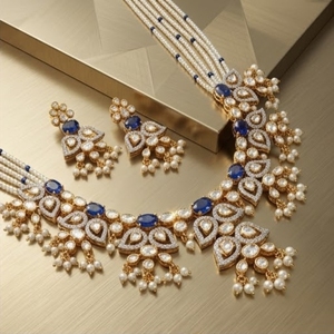 Designer 925 <b>Silver</b> Pearl Kundan Necklace Set With Blue Stone Bridal Jewelry Traditional Wedding <b>Choker</b> Set For Women - Product Image 5