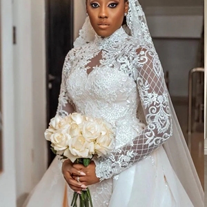 Vestido <span class=keywords><strong>de</strong></span> novia árabe Aso Ebi <span class=keywords><strong>de</strong></span> talla grande con tren desmontable, Apliques <span class=keywords><strong>de</strong></span> encaje <span class=keywords><strong>de</strong></span> lujo, cuello alto, sirena real musulmana, Boda nupcial - Product Image 4