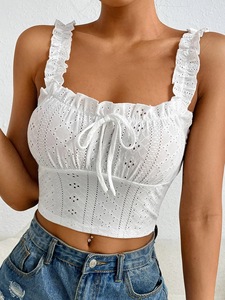 Débardeur Femme OEM en Coton Blanc Uni Tricoté Respirant avec Broderie à Oeillets, Volants et Nœud Papillon – Vente en Gros de Haute Qualité - Product Image 1