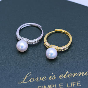 Anillo de Perlas Redondas de Agua Dulce Blancas de 8-9 mm para Mujer, Plata de Ley S925, Juego Completo con Luz Intensa, Casi Impecable, Anillo Abierto con Circonita - Product Image 3