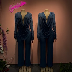 Elegante Completo Primaverile da Donna, Sexy Camicia con Scollo a V Profondo in Rete e Pantaloni Lunghi, Set 2 Pezzi Femminile Autunnale - Product Image 3