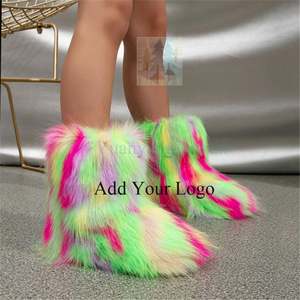 2025 Factory Wholesale Winter Fluffy Faux Fur Raccoon Women's Flat Heel Middle Sleeve <strong>Fury</strong> Boots Snow Boots with Fur - Product Image 3