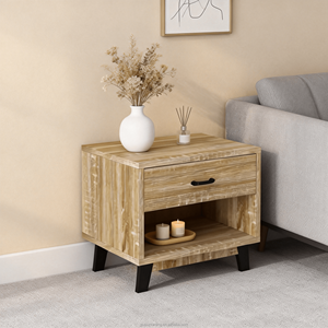 Mesita <span class=keywords><strong>de</strong></span> Noche Moderna <span class=keywords><strong>de</strong></span> Madera <span class=keywords><strong>de</strong></span> 2 Niveles para Espacios Pequeños, 1 Cajón + Diseño <span class=keywords><strong>de</strong></span> Panel <span class=keywords><strong>de</strong></span> Estante Abierto con Patas y Asa <span class=keywords><strong>de</strong></span> Plástico - Product Image 3