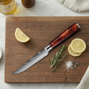 TOALLWIN Ensemble de 6 couteaux à steak, motif <span class=keywords><strong>Damas</strong></span> laser, lame en acier inoxydable dentelée et tranchante, manche en résine, couverts de cuisine pour barbecue - Product Image 3