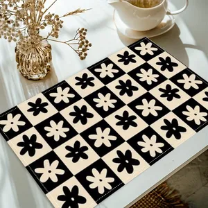 Black <strong>Cream</strong> Checkerboard <strong>Placemats</strong> with Floral Pattern Washable Modern Table Mats for Kitchen, Caf&eacute; or Dinner Party Decor - Product Image 1