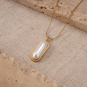 Trendy Long Oval <b>Pearl</b> <b>Necklace</b> For Women 304 Stainless Steel Vacuum Electroplated 18K Real <b>Gold</b> Non Fading Pendant Cable Chain - Product Image 5