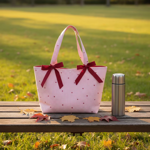 Borsa a Mano alla Moda Personalizzabile con Fiocco e Motivo a Quadri <span class=keywords><strong>Rosa</strong></span>, Borsa da <span class=keywords><strong>Spiaggia</strong></span> Portatile per Uso Quotidiano per Donne - Product Image 4