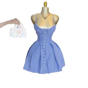 Nuovo Abito Estivo 2025 <span class=keywords><strong>alla</strong></span> Moda con Righe Blu e Scritta Irregolare Mini Abito a Bretelle per Donne Tessuto Lavabile Dolce Naturale - Product Image 2