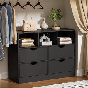 Meuble de rangement moderne et minimaliste pour <span class=keywords><strong>chambre</strong></span> d'appartement, 4 tiroirs, design ouvert sans poignées, en bois durable et écologique - Product Image 2