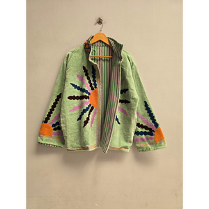 Light Green <b>Embroidered</b> <b>Women</b>’s <b>Jacket</b> with Multicolor Sunburst Motif, Stand Collar Long Sleeve Bohemian Designer Outerwear - Product Image 1