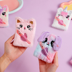 Children's Cute Cat <strong>Dog</strong> Plush Printed Mini Notebook with Pen Pocket Sewing Binding Portable <strong>Journal</strong> Student Gift Book - Product Image 3