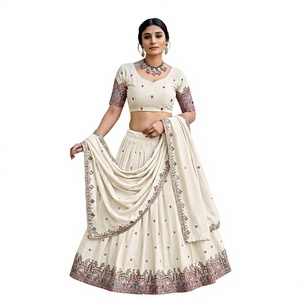 Ensemble Lehenga Choli en soie crème avec dupatta, robe de mariage indienne traditionnelle, coupe régulière, extensible, longueur au sol, pour femme - Product Image 1