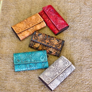 Leather Women's Designer Luxury Hand Tooling Carving <b>Wristlet</b> Clutch RFID Protection Anti-Theft Multi-Function Long Button - Product Image 4